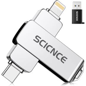 محرك أقراص فلاش SCICNCE 512GB مخصص لـ iPhone و USB Memory Photo Stick Storage لمقاطع فيديو الصور والتوصيل ولعب أي تطبيق مطلوب ، متوافق مع iPhone iPad Android وأجهزة الكمبيوتر (Silver Metal)