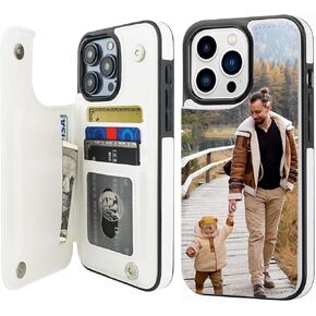 Custom Phone Case for iPhone 11 12 13 14 15 16 Pro Max Wallet Case with Card Holder, Personalized Picture PU Leather Double Magnetic Buttons Flip Case White