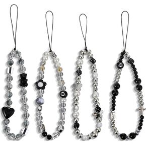 4 PCS Black Beaded Phone Charms, Charms for Case Classic Phone Strap Cute Aesthetic Wrist Strap for Cellphone, Keychain, Camera, Bag Decor