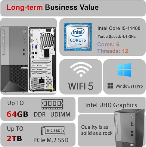 Lenovo V50T Business Tower Desktop | Intel Core-I5 Processor | ذاكرة الوصول العشوائي 64 جيجابايت ، تخزين 2 تيرابايت (1 تيرابايت SSD و 1TB HDD) | دعم 4K 3-Monitor (DisplayPort ، HDMI ، VGA) | DVD-RW | Wi-Fi | بلوتوث | RJ-45 | Windows 11 Pro in Saudi Arabia