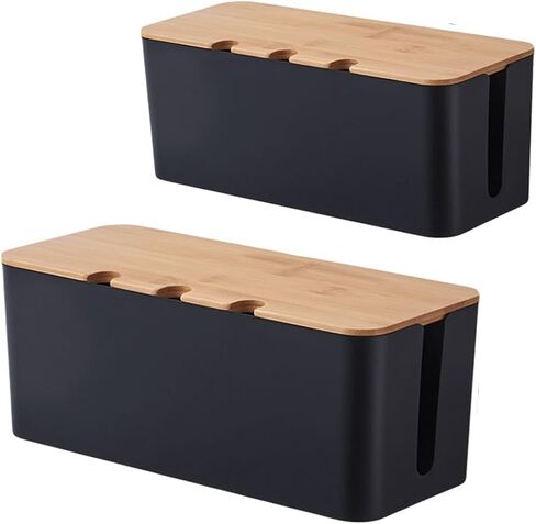 Cable Management Box with Bamboo Lid, Cord Organizer Box to Hide Wires & Power Strips, Extension Cord Power Stripe Surge Protector Wire Concealer Organizer Cover Hider (black-2pcs) in Kuwait