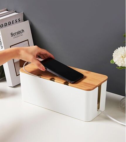 Cable Management Box with Bamboo Lid, Cord Organizer Box to Hide Wires & Power Strips, Extension Cord Power Stripe Surge Protector Wire Concealer Organizer Cover Hider (black-2pcs) in Kuwait