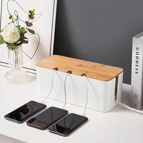 Cable Management Box with Bamboo Lid, Cord Organizer Box to Hide Wires & Power Strips, Extension Cord Power Stripe Surge Protector Wire Concealer Organizer Cover Hider (black-2pcs) in Kuwait
