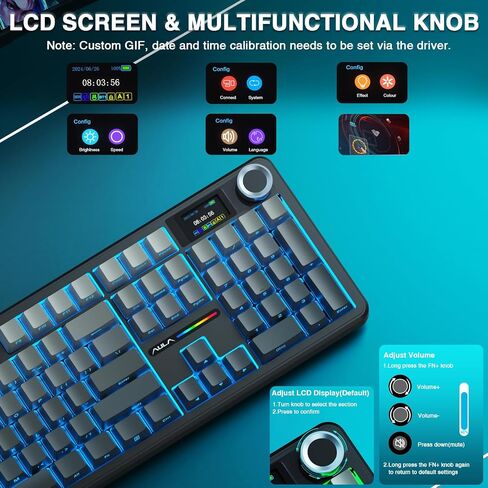 AULA F108 PRO - Wireless Mechanical Keyboard with Screen & Knob,Full Size Keyboard with 8000mAh Battery,Pre-lubed Switches,Side Printed PBT Keycaps,RGB Backlit Hot Swappable Custom Gaming Keyboards in Saudi Arabia