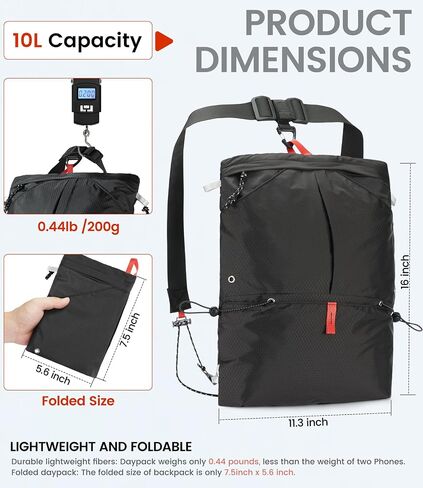 10L Small Hiking Backpack 3-Way Waterproof Travel Daypack Foldable Lightweight Packable Back Pack for Women Men(Black) in Saudi Arabia
