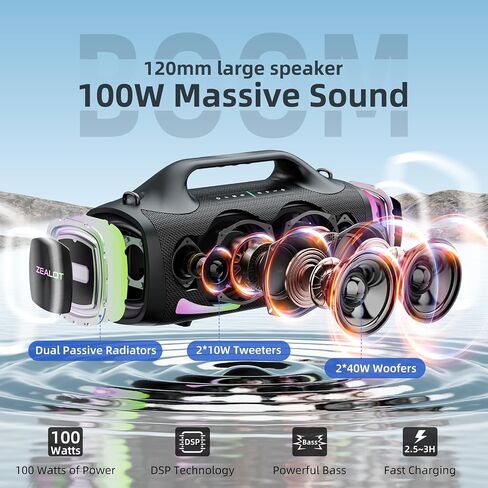 ZEALOT Bluetooth Speaker, 110W Peak(100W) Booming Sound Speakers Wireless, Dual Pairing, XBass, Bluetooth 5.3, 24000mAh Power Bank, Portable Outdoor Waterproof Speaker for Camping, Beach and Party in Saudi Arabia