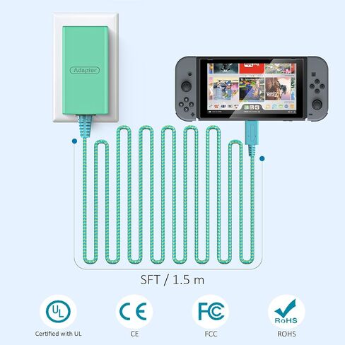 TPC 39W Charger for Nintendo Switch, 15V 2.6A AC Adapter Fast Charging with 5FT USB-C Cord, Compatible with Switch Lite, OLED, Steam Deck, Support TV Mode (Green/Blue) in Saudi Arabia