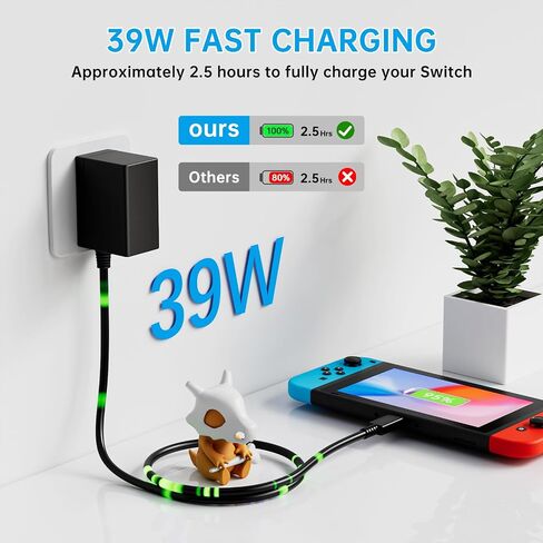 TPC 39W Charger for Nintendo Switch, 15V 2.6A AC Adapter Fast Charging with 5FT USB-C Cord, Compatible with Switch Lite, OLED, Steam Deck, Support TV Mode (Green/Blue) in Saudi Arabia