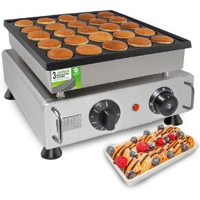 ALDKitchen Mini Dutch Pancake Maker – Poffertjes Iron, 25 Mini Pancakes, Nonstick Cast Aluminum Plates, Stainless Steel Body, Manual Temp & Timer Control, 110V Commercial Use (25 Pcs)