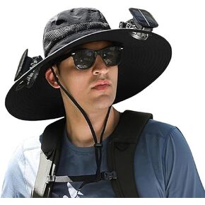 Solar Fan Hat, Outdoor Wide Brim Sun Hat with 2 Solar Fan, Sun Bucket for Men Women (Black)