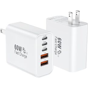 USB C Charger Block, 60W 5 Ports Type C Fast Charging Blocks 3 USB-C+2 USB-A Multi Port USBC Wall Plug Power Brick Phone Charge Cube Box for iPhone 16/15/14/13/12/11 Pro Max, Pad, Galaxy, Pixel, 2Pack