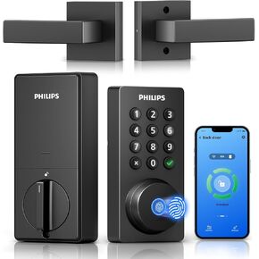 Philips WiFi Deadbolt Smart Lock with Handle, APP/Voice/Fingerprint/Passcode/Key Unlock, Smart Locks for Front Door with Handle Set, Backlit Keypad Deadbolt, Keyless Entry, Remote Control, Auto-Lock