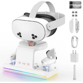 Geekera Charging Dock for Meta Quest 3S/Oculus Quest 3S ، VR Headset & Controllers Charging Stand with RGB LED Light [ON/OFF] ، إكسسوارات VR مع بطاريتين قابلة لإعادة الشحن ، ومحطة شحن سريعة 2 في 1