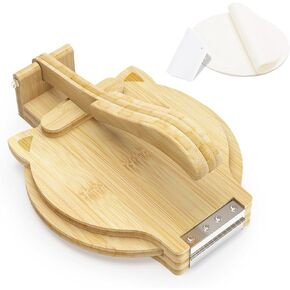 Bamboo Tortilla Press 10 inch Quesadilla Maker Wooden Corn Tortilla Maker Rotatable Roti Maker with 50Pcs Parchment Paper & Dough Cutter for Flour Mexican Taco Pataconera Dough Press (4.5"-10")