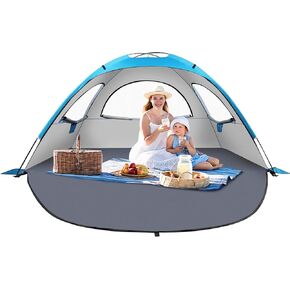 Beach Tent Sun Shelter for 3-4Person, Lightweight Beach Tent with UV Protection, 3 Mesh Roll Up Windows & 8.0mm Fiberglass, Easy Assemble