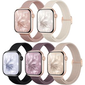 5 Pack Slim Braided Stretchy Bands Compatible with Apple Watch Band 40mm 41mm 42mm 38mm 44mm 45mm 46mm 49mm Women Men, Thin Elastic Nylon Solo Loop Straps for iWatch Series 10 9 8 7 6 5 4 3 SE Ultra