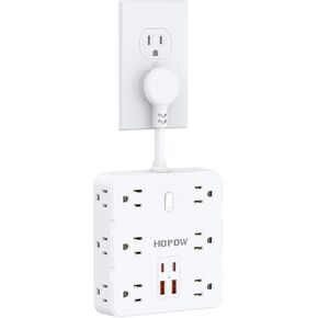 Short Extension Cord 4 Inch, Flat Plug Small Power Strip with 12 AC & 4 USB(2 USB-C), 1875W/15A, 1700J Multiple Compact Surge Protector, Wall Outlet Extender for Home Office Travel, White