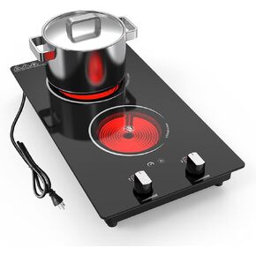 2 Burner Electric Cooktop, 2100W Electric Stove Top Hot Plate, 12 inch Countertop Burner & Built-In Stove Top, 9 Levels of Power, Knob Control, Timer & Kid Safety Lock, Residual Heat Warning