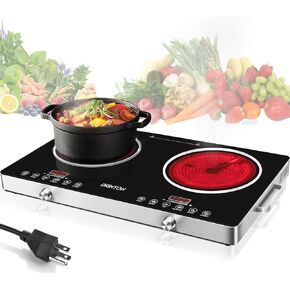 2 Burner Electric Cooktop, 3500W 110V Electric Double Burner with 4H Timer, Adjustable Temperature for Countertop Cooking, Portable Stove Top Infrared Cooker, Compatible for All Cookwares