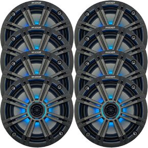 KICKER 6.5" 195 Watt Peak Power Marine OEM Replacement RGB Multicolor LED Boat Audio Speakers (Qty 8) with Charcoal Grilles