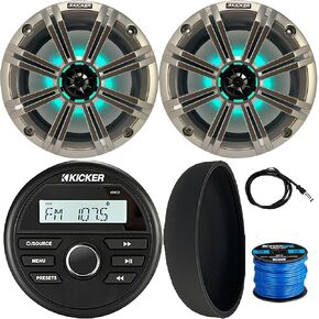Kicker 46KMC2 Marine Bluetooth All-Weather AM/FM USB/AUX Gauge Style Media Center Receiver W/Black Cover, 2X 8 300W Peak Power RGB LED Boat Speakers W/Grille, 22" Antenna, 50 Feet 16G Speaker Wire