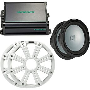 Kicker - Two 12 Inch LED Marine Subwoofers in White, 1 Pair with 600 Watt Amplifier Bundle