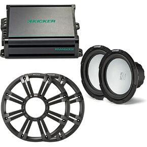 Kicker - Two 10 Inch LED Marine Subwoofers in Charcoal, 1 Pair with 600 Watt Amplifier Bundle