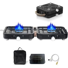 2 Burner Propane Stove with Grill, 18,000 BTU, Portable Camping Stove, Foldable Camp Stove, Gas Stove with 2 Adjustable Burners, Piezo Ignition & Easy Carrying Handle (Green)