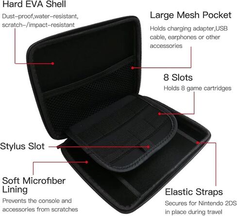 Ciciglow Protction Hard Shell Careing Case for 2DS مع 8 حاملين لبطاقات الألعاب ، ومقاوم للصدمات ، والداخلية الناعمة ، وحزام محمول ، وتصميم خفيف الوزن ، وجيب شبكة داخلي (أسود) in Saudi Arabia