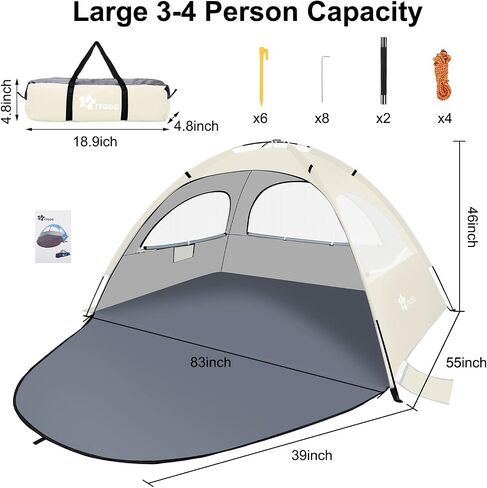Beach Tent Sun Shelter for 3-4Person, Lightweight Beach Tent with UV Protection, 3 Mesh Roll Up Windows & 8.0mm Fiberglass, Easy Assemble in Saudi Arabia