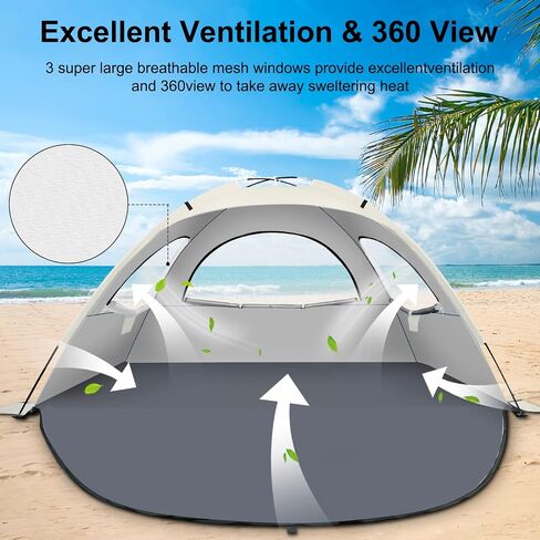 Beach Tent Sun Shelter for 3-4Person, Lightweight Beach Tent with UV Protection, 3 Mesh Roll Up Windows & 8.0mm Fiberglass, Easy Assemble in Saudi Arabia