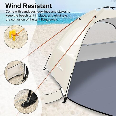 Beach Tent Sun Shelter for 3-4Person, Lightweight Beach Tent with UV Protection, 3 Mesh Roll Up Windows & 8.0mm Fiberglass, Easy Assemble in Saudi Arabia