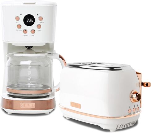 HADEN 12 Cup Programmable Coffee Maker with Brew Strength Control and Heritage Stainless Steel Bread Toaster 2 Slice Wide Slot, White in Saudi Arabia