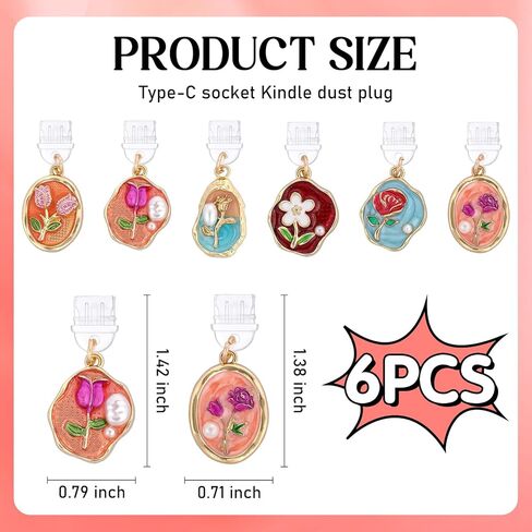 6 Pcs Dust Plug Charms for Kindle - Fantasy Crystal Flower Seashell Pendant Compatible with Kindle & Phone Type C/USB C in Kuwait