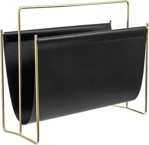 MyGift 15 inch Modern Caramel Leatherette Magazine Holder, Floor Standing Literature Sling Style Rack with Brass Tone Metal Frame in Saudi Arabia
