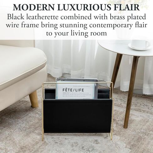 MyGift 15 inch Modern Caramel Leatherette Magazine Holder, Floor Standing Literature Sling Style Rack with Brass Tone Metal Frame in Saudi Arabia