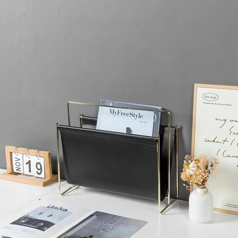 MyGift 15 inch Modern Caramel Leatherette Magazine Holder, Floor Standing Literature Sling Style Rack with Brass Tone Metal Frame in Saudi Arabia