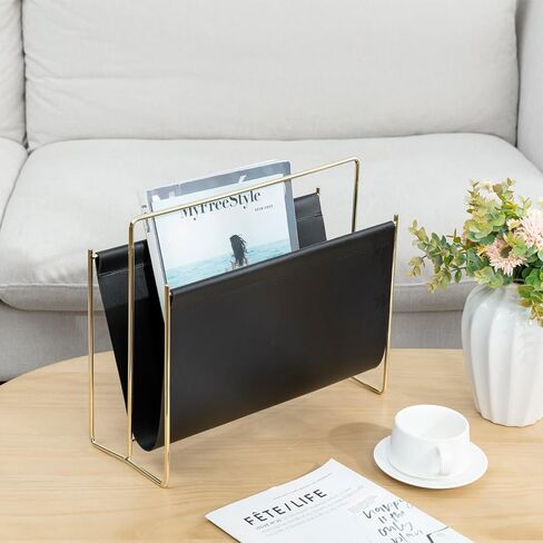 MyGift 15 inch Modern Caramel Leatherette Magazine Holder, Floor Standing Literature Sling Style Rack with Brass Tone Metal Frame in Saudi Arabia