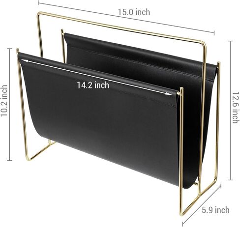 MyGift 15 inch Modern Caramel Leatherette Magazine Holder, Floor Standing Literature Sling Style Rack with Brass Tone Metal Frame in Saudi Arabia
