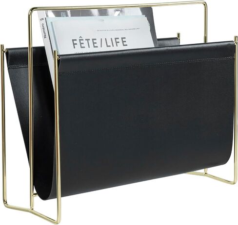 MyGift 15 inch Modern Caramel Leatherette Magazine Holder, Floor Standing Literature Sling Style Rack with Brass Tone Metal Frame in Saudi Arabia