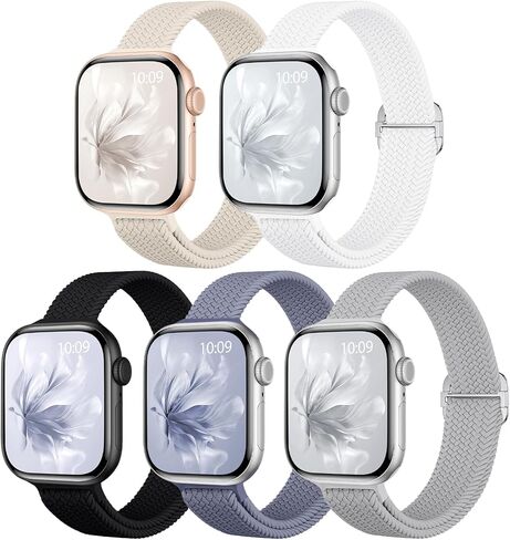 5 Pack Slim Braided Stretchy Bands Compatible with Apple Watch Band 40mm 41mm 42mm 38mm 44mm 45mm 46mm 49mm Women Men, Thin Elastic Nylon Solo Loop Straps for iWatch Series 10 9 8 7 6 5 4 3 SE Ultra in Saudi Arabia