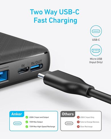 Anker Portable Charger ، 325 Power Bank (PowerCore Essential 20k) ، حزمة بطارية 20K مع شحن 15W ، PowerIQ ، 2 USB-A ، 1 Micro USB ، 1 منافذ USB-C الإدخال والمخرجات لسلسلة iPhone و AirPods والمزيد in Kuwait