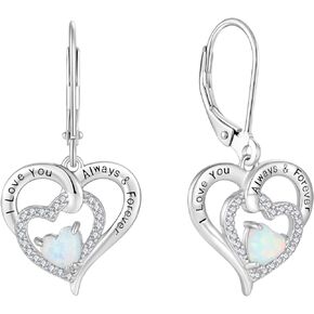 OSKINIA Opal Earrings 925 Sterling Silver Dangle Drop Heart Earrings Engraved with I Love You Always & Forever 3A Cubic Zirconia Birthstone Dangle Earrings for Women