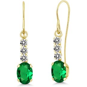 Gem Stone King 10K Yellow Gold Green Nano Emerald and White Diamond Drop Dangle Earrings For Women (1.00 Cttw, Gemstone May Birthstone, Oval 6X4MM)