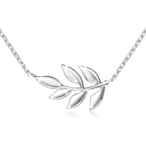 FLYOW S925 Sterling Silver Olive Leaf Necklace for Women Lady, 18+2" Rolo Chain
