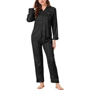 Womens Satin Lounge Stripe Nightshirt Button Down Tops with Pants Pajama Sets