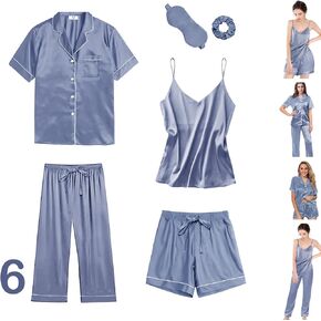 WJing Yi Jia 6Pcs Womens Silk Satin Pajama Sets Pj Sets Short Pjs Set Pajamas Sleepwear Camisole Sexy Cami