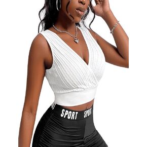 SweatyRocks Women's Sleeveless V Neck Spaghetti Strap Ribbed Knit Wrap Crop Cami Top