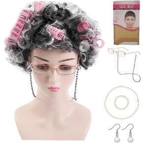 Old Lady Costume for Girls 100th Day of School Grandma Wig and Glasses 100 Days of School Dress Up Set Kids