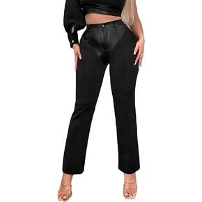 SweatyRocks Women's Elegant High Waist Pants Contrast Pu Leather Long Trousers